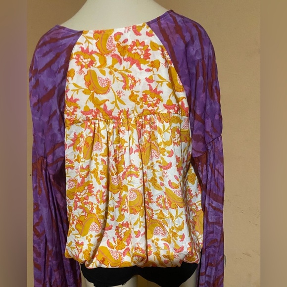 Free People Wrap Blouse in Orange and Yellow with Long Sleeves - Picture 12 of 14